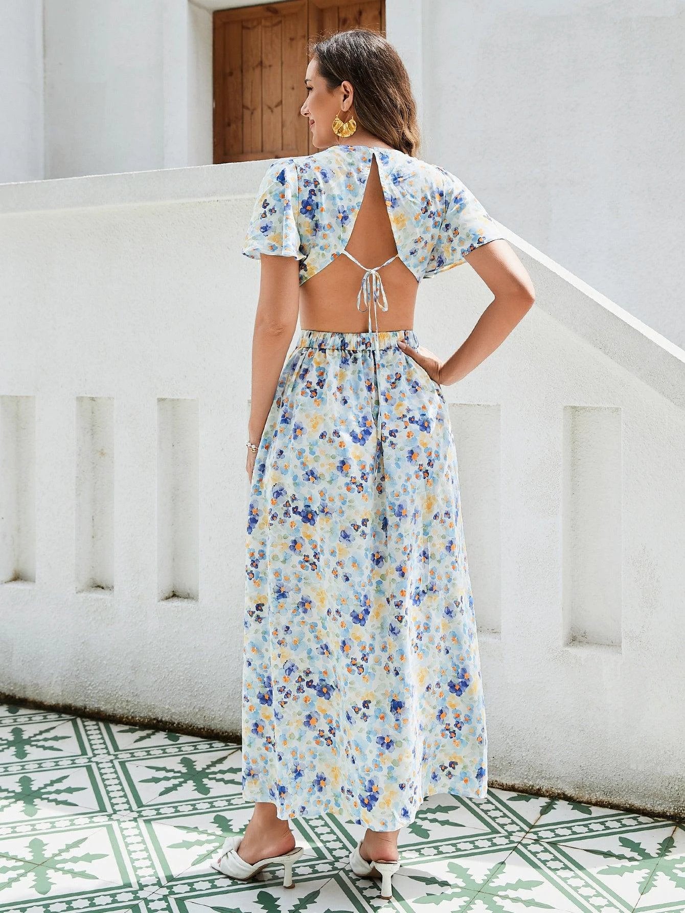 Women's Floral Print Maxi Dress - Elegant Vacation Dress With Ruffle Sleeves, Cutout Waist, And High Slit, Breathable Rayon Fabric - MANDOTOS
