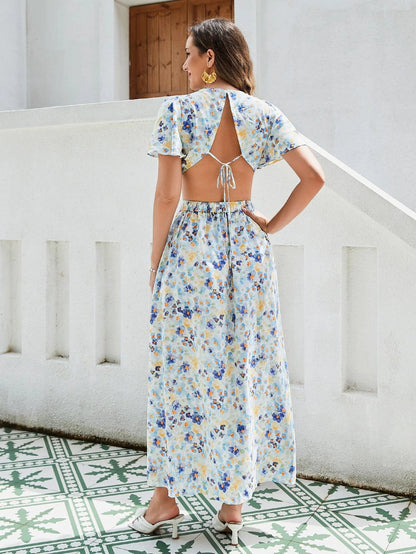 Women's Floral Print Maxi Dress - Elegant Vacation Dress With Ruffle Sleeves, Cutout Waist, And High Slit, Breathable Rayon Fabric - MANDOTOS