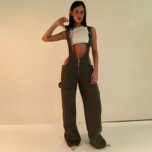 Y2K Denim Overalls - Zipper Suspender Jumpsuit Streetwear - MANDOTOS