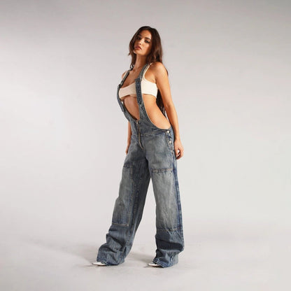 Y2K Denim Overalls - Zipper Suspender Jumpsuit Streetwear - MANDOTOS