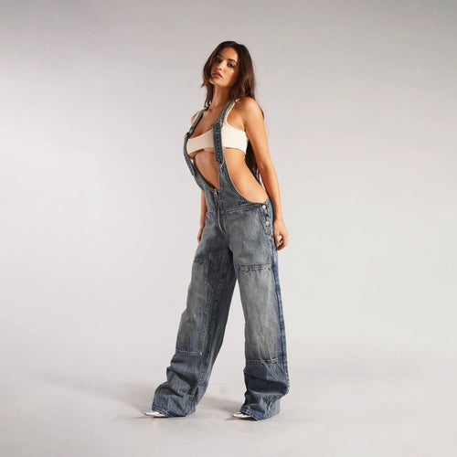 Y2K Denim Overalls - Zipper Suspender Jumpsuit Streetwear - MANDOTOS