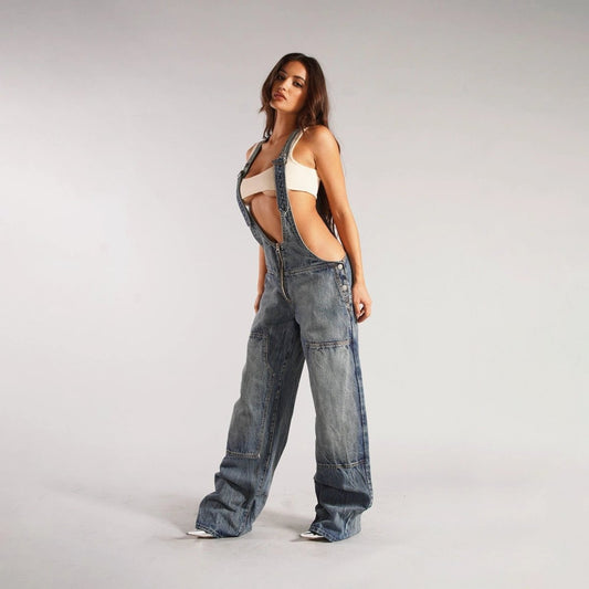 Y2K Denim Overalls - Zipper Suspender Jumpsuit Streetwear - MANDOTOS