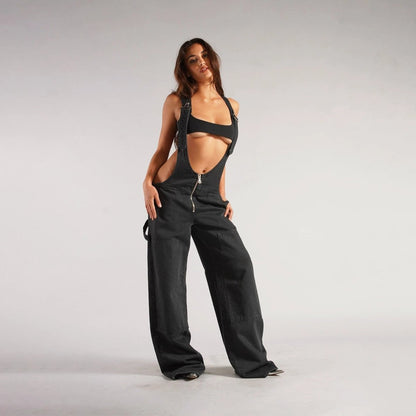 Y2K Denim Overalls - Zipper Suspender Jumpsuit Streetwear - MANDOTOS