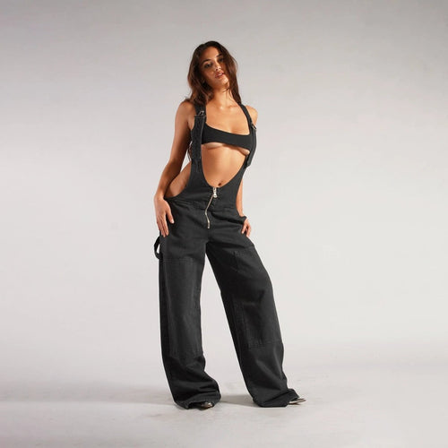 Y2K Denim Overalls - Zipper Suspender Jumpsuit Streetwear - MANDOTOS