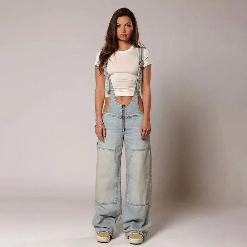 Y2K Denim Overalls - Zipper Suspender Jumpsuit Streetwear - MANDOTOS