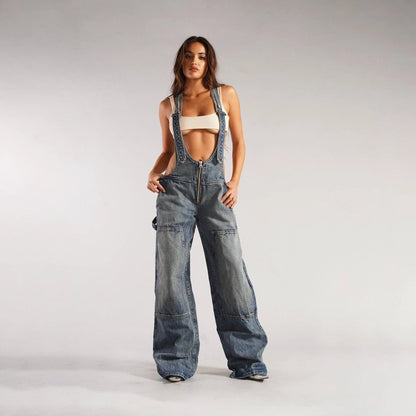 Y2K Denim Overalls - Zipper Suspender Jumpsuit Streetwear - MANDOTOS