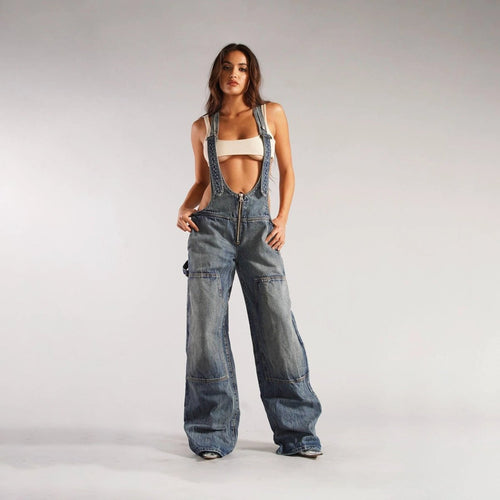 Y2K Denim Overalls - Zipper Suspender Jumpsuit Streetwear - MANDOTOS