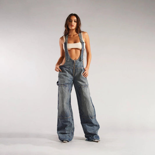 Y2K Denim Overalls - Zipper Suspender Jumpsuit Streetwear - MANDOTOS