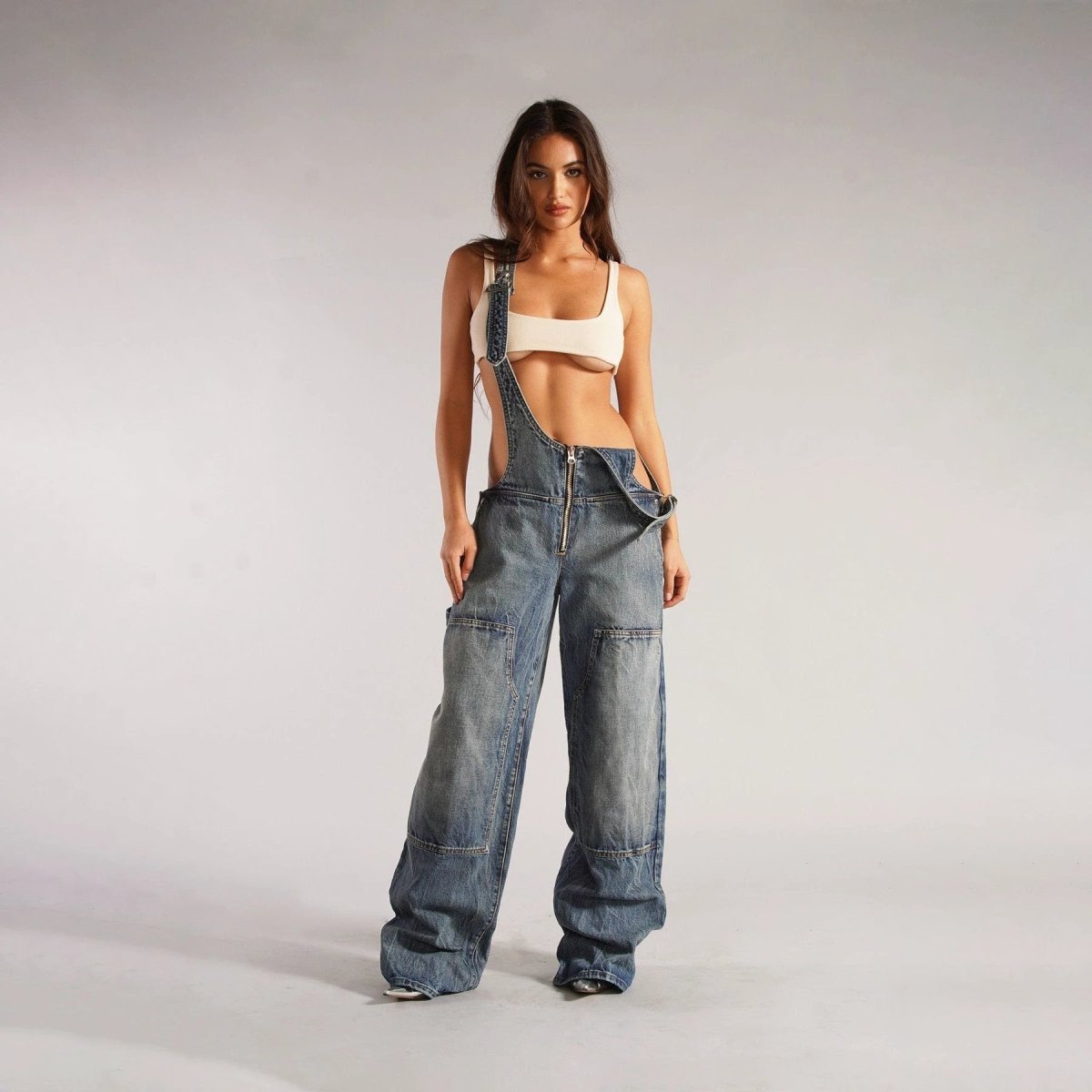 Y2K Denim Overalls - Zipper Suspender Jumpsuit Streetwear - MANDOTOS