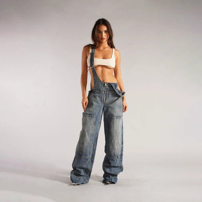 Y2K Denim Overalls - Zipper Suspender Jumpsuit Streetwear - MANDOTOS