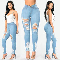 Mandotos denim pencil pants for women featuring slim fit, long length, ripped holes, and stretch fabric for a trendy, casual look.