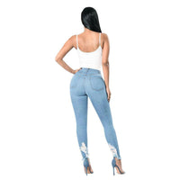 Mandotos denim pencil pants for women, slim long trousers with ripped holes and stretch-fit design.