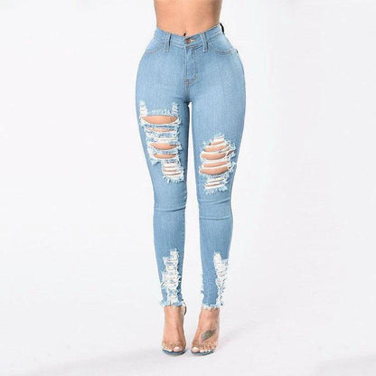 Denim Pencil Pants Slim Long Trousers Ripped Hole Stretch Feet Pants Female - MANDOTOS