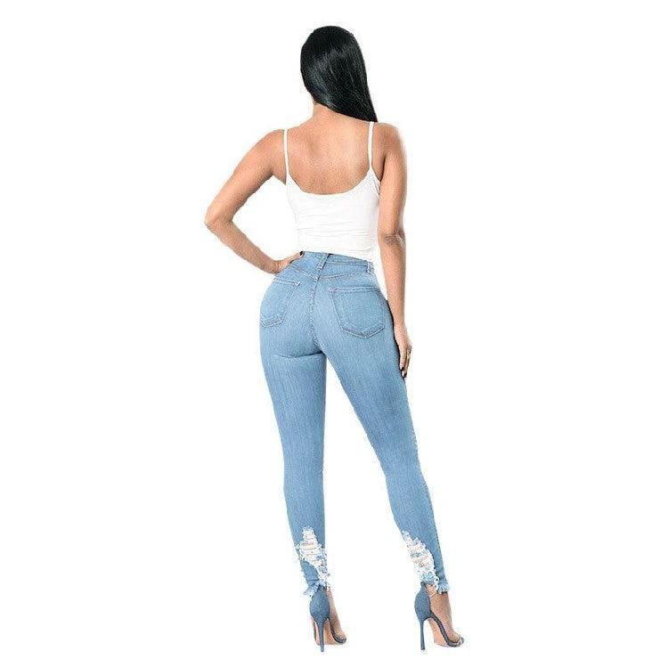 Mandotos denim pencil pants for women featuring slim fit, ripped holes, stretch fabric, and long tapered design.