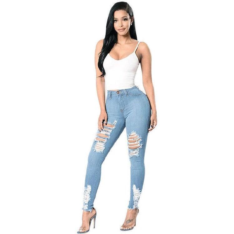 Denim Pencil Pants Slim Long Trousers Ripped Hole Stretch Feet Pants Female - MANDOTOS