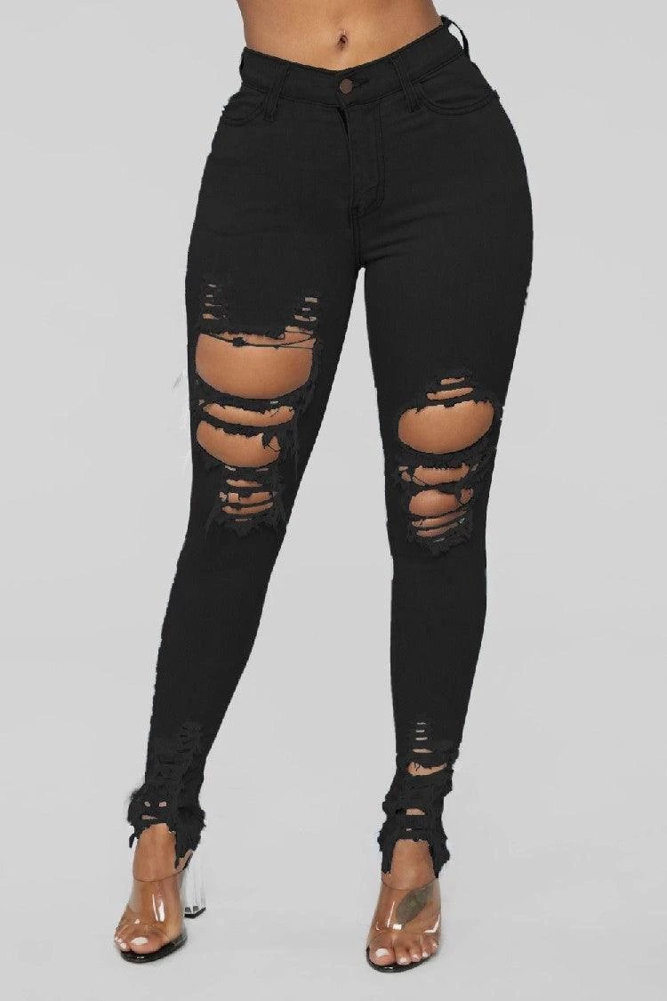 Denim Pencil Pants Slim Long Trousers Ripped Hole Stretch Feet Pants Female - MANDOTOS