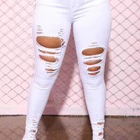 Mandotos denim pencil pants for women, slim long trousers with ripped holes and stretch feet, stylish and fitted denim jeans.