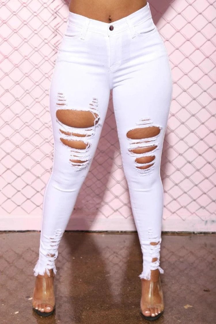 Denim Pencil Pants Slim Long Trousers Ripped Hole Stretch Feet Pants Female - MANDOTOS