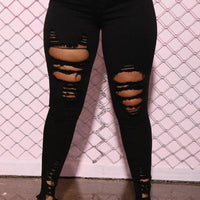 Mandotos denim pencil pants for women, slim long trousers with ripped holes and stretch fabric, featuring tapered feet and stylish fit.