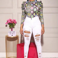 Mandotos denim pencil pants for women, slim long trousers with ripped holes and stretch feet, stylish and casual.