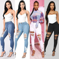 Mandotos denim pencil pants for women, slim long trousers with ripped holes and stretch feet, stylish and fitted denim jeans.