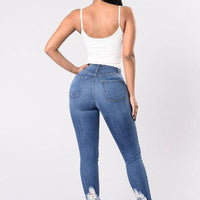 Mandotos denim pencil pants for women, slim long trousers with ripped holes and stretch feet, casual and stylish denim jeans.