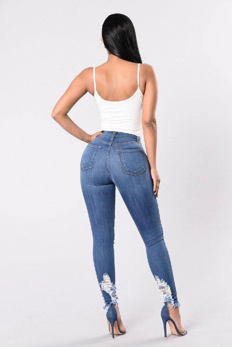 Mandotos denim pencil pants for women, slim long trousers with ripped holes and stretch feet, casual and stylish denim jeans.