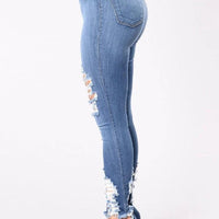 Mandotos denim pencil pants for women, slim long trousers with ripped holes and stretch fabric for a stylish, fitted look.