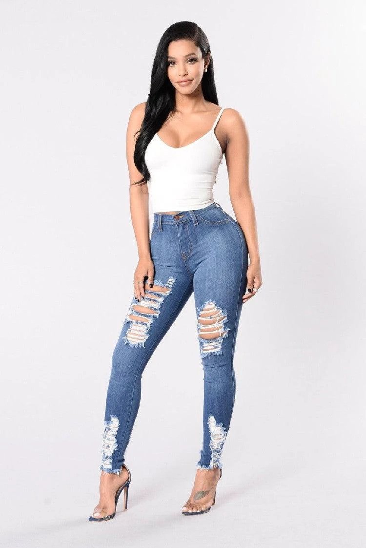 Denim Pencil Pants Slim Long Trousers Ripped Hole Stretch Feet Pants Female - MANDOTOS
