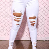 Mandotos denim pencil pants for women, slim long trousers with ripped holes and stretch feet, stylish and comfortable fit.