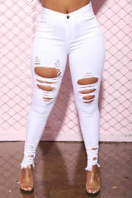 Denim Pencil Pants Slim Long Trousers Ripped Hole Stretch Feet Pants Female - MANDOTOS