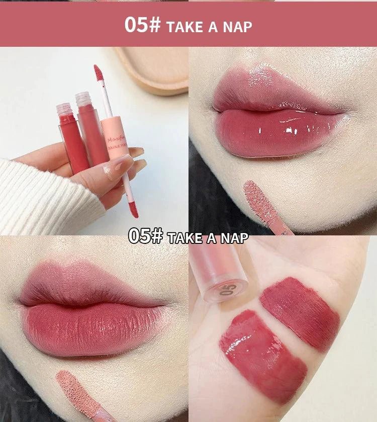 Double End Lip Glaze Full Gloss Mirror And Matte Velvet Long Term Color And Moisture Lip Gloss Anti Stain Cosmetic Lip Glaze - MANDOTOS