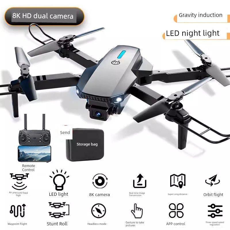 Mandotos HD drone for aerial photography, remote control quadcopter with camera, black and white design in flight.