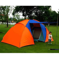 Mandotos dual-layer family camping tent set up outdoors, featuring multiple rooms and mesh windows for ventilation.
