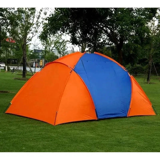 Mandotos dual-layer family camping tent set up outdoors with multiple rooms and mesh windows for ventilation and protection.