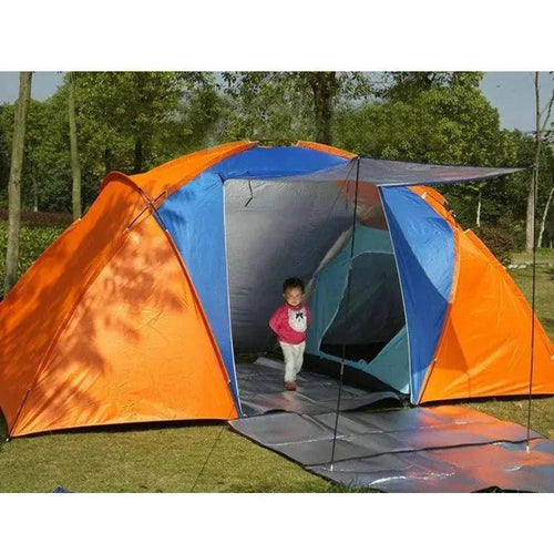 Mandotos dual-layer family camping tent set up outdoors with multiple windows and rainfly for weather protection and spacious sleeping area.
