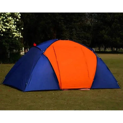 Mandotos dual layer family camping tent set up outdoors with multiple windows and entry points for family camping trips.