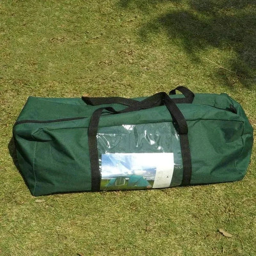 MANDOTOS dual layer family camping tent set up outdoors with spacious interior and rainfly for camping adventures.