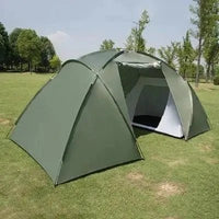 Mandotos dual layer family camping tent set up outdoors, showing spacious interior and durable waterproof fabric for camping trips.