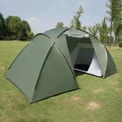 Mandotos dual layer family camping tent set up outdoors, showing spacious interior and durable waterproof fabric for camping trips.