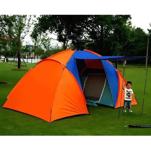 Mandotos dual-layer family camping tent set up outdoors, featuring multiple rooms and mesh windows for ventilation and shelter.