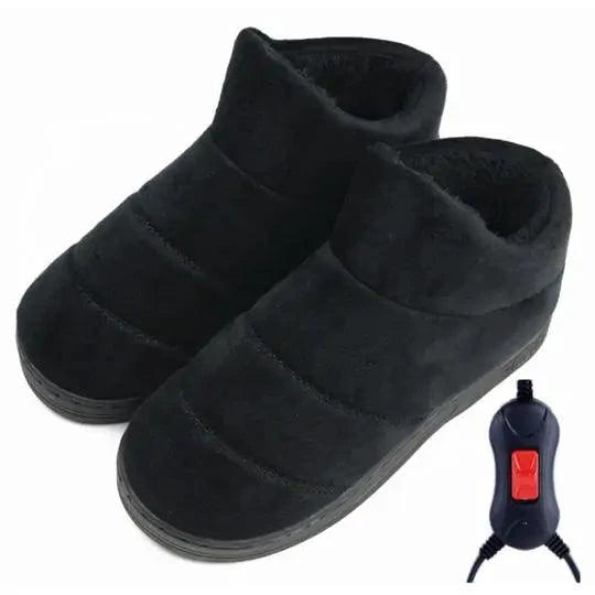 Mandotos electric heated shoes with insulated design, showcasing the sleek black footwear perfect for cold weather.