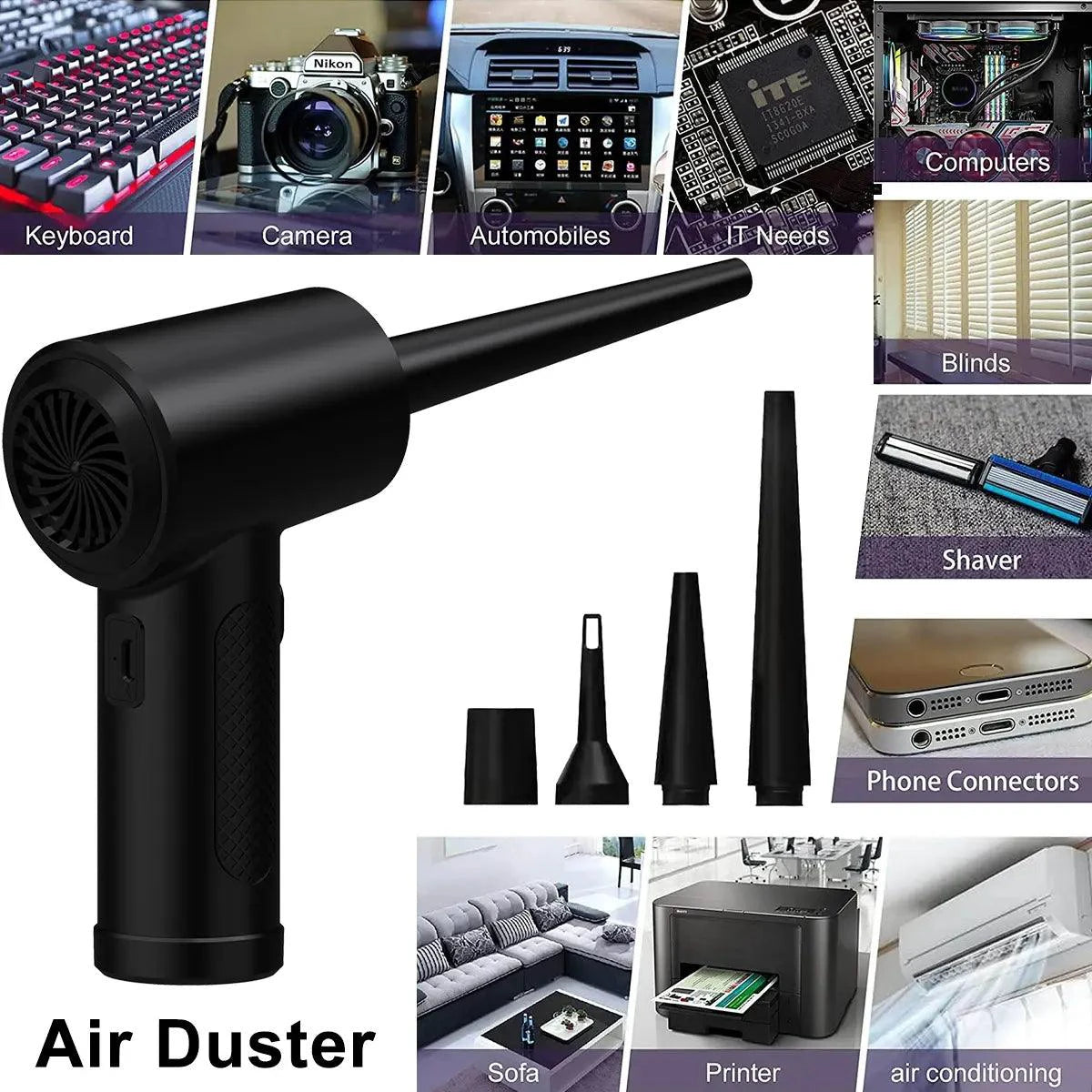 Mandotos electronic air duster with a sleek design, ideal for cleaning dust and debris from electronics and hard-to-reach places.