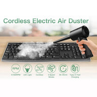 Mandotos electronic air duster with a handheld design, blue and white color, and a nozzle for cleaning dust from electronic devices.
