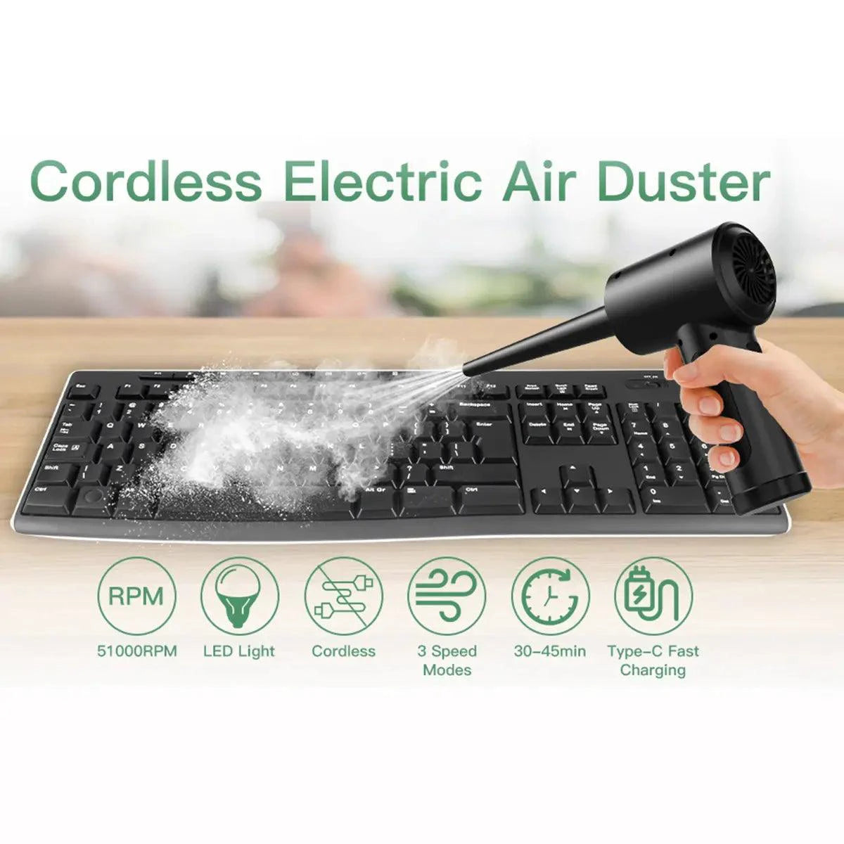 Mandotos electronic air duster with a handheld design, blue and white color, and a nozzle for cleaning dust from electronic devices.