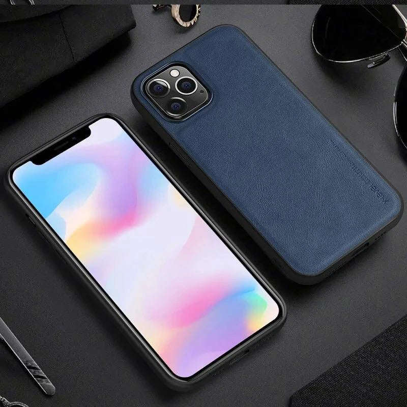Elegant leather iPhone shield by MANDOTOS, showcasing a sleek, sophisticated protective case with smooth leather finish.