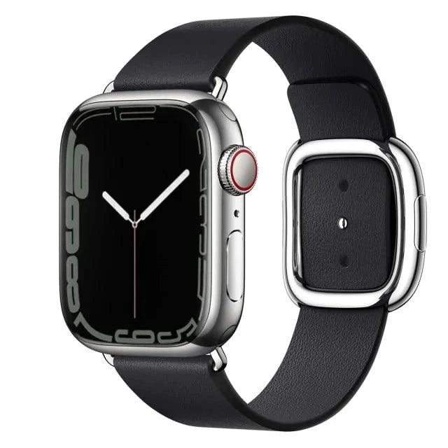 Elegant leather strap by MANDOTOS, showcasing a smooth brown leather band with detailed stitching and metallic hardware.
