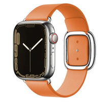 Elegant leather strap by MANDOTOS, showcasing smooth brown leather with subtle stitching for a stylish accessory or watch band.
