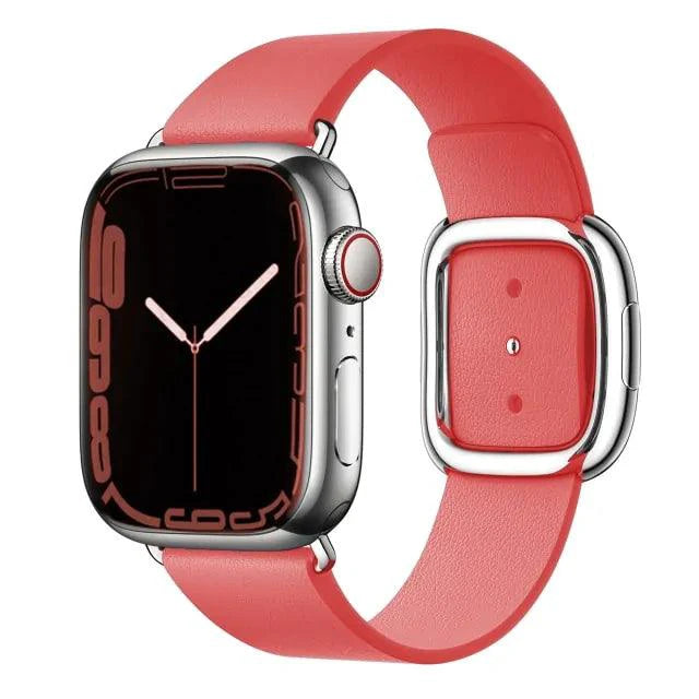 Elegant leather strap by MANDOTOS, showcasing smooth, high-quality leather with detailed stitching and a sleek metal buckle.