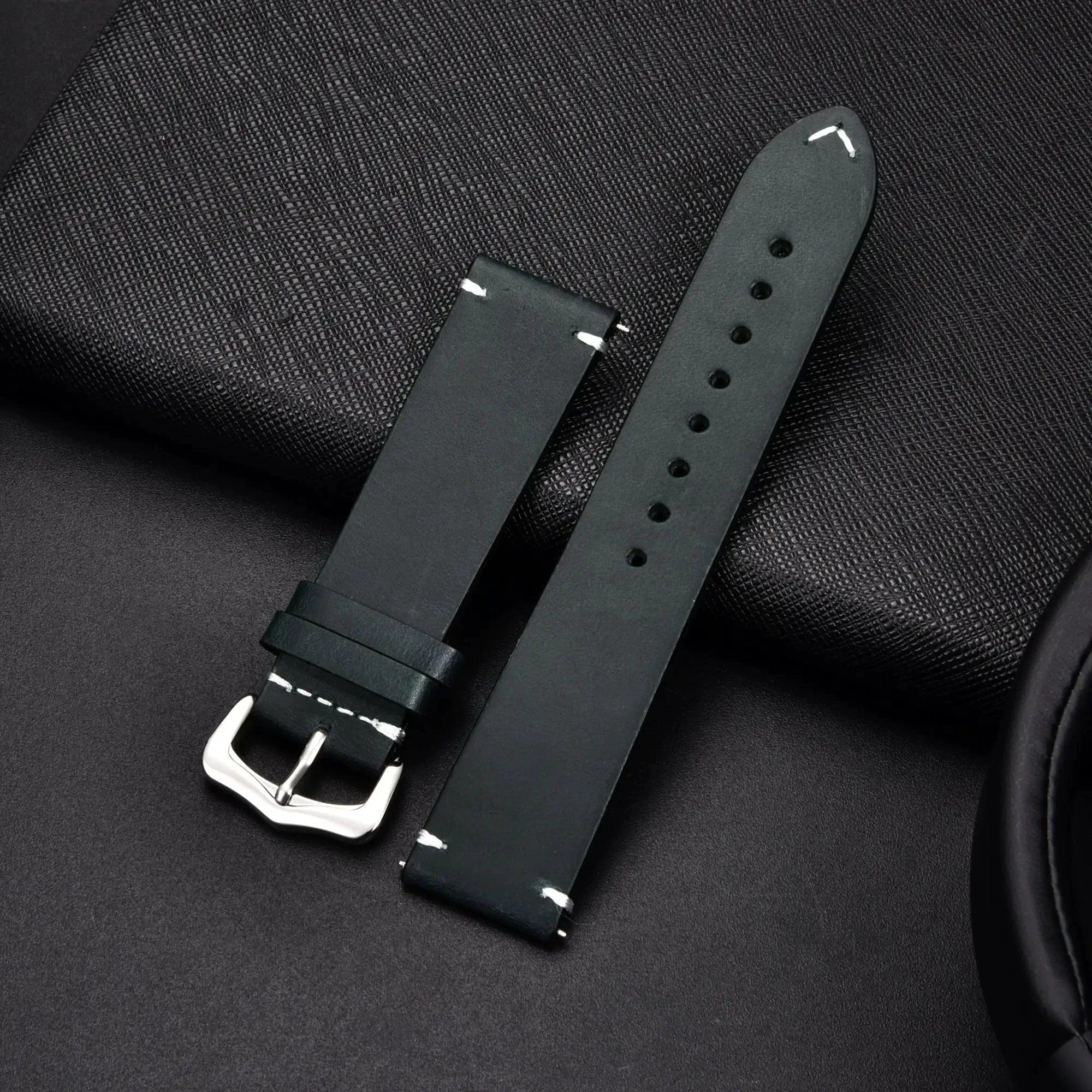 Mandotos elegant leather watch band with stitched detailing, designed for a stylish and comfortable fit on wrist.